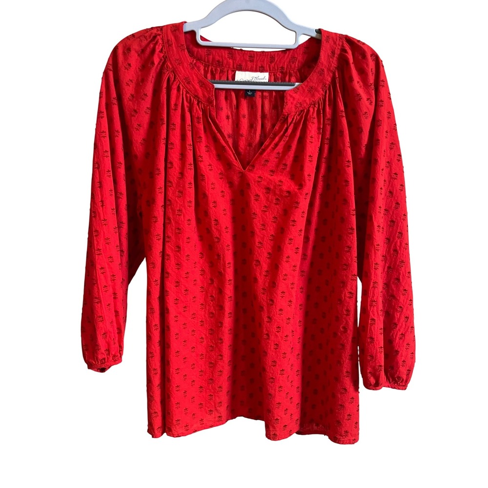 Womens Red Peasant Relaxed Blouse L V Neck ¾ Sleeves Cottagecore Teacher Office
